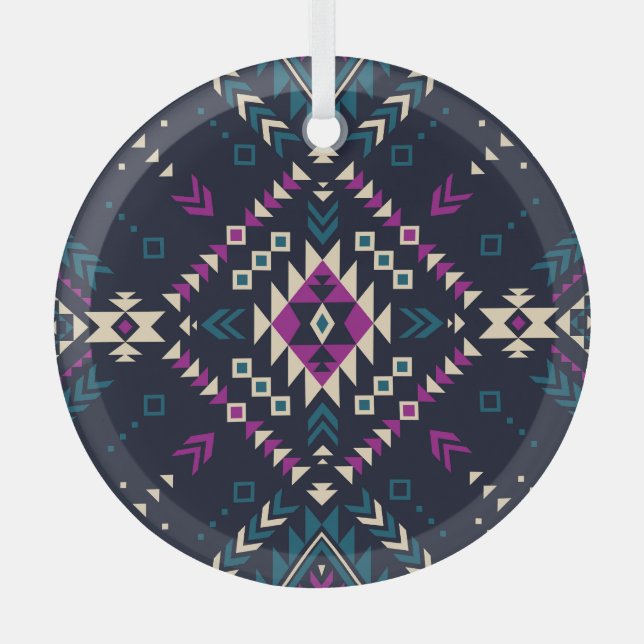 Dark tribal Navajo, vintage geometric. Glass Ornament (Front)