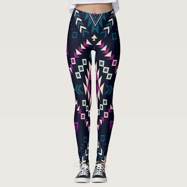Dark tribal Navajo, vintage geometric. Leggings (Front)