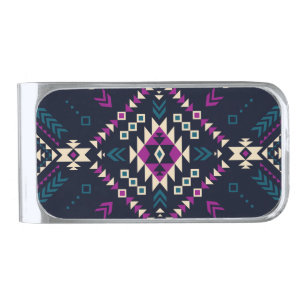 Dark tribal Navajo, vintage geometric. Silver Finish Money Clip