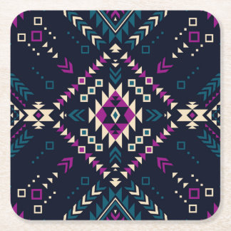 Dark tribal Navajo, vintage geometric. Square Paper Coaster