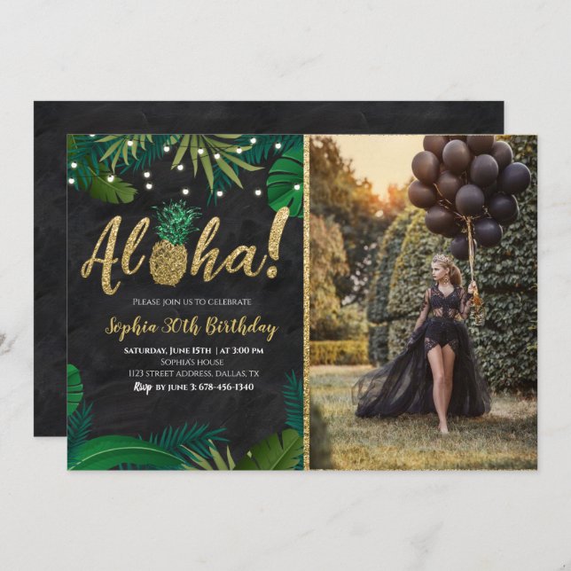 Dark Tropical Aloha Birthday Invitation With Photo (Front/Back)