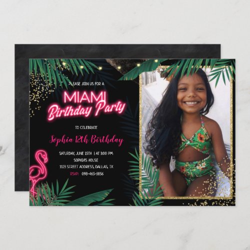 Dark Tropical Miami Birthday Party With Photo Invitation