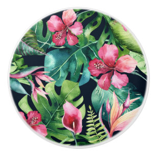 Dark Tropical Palm Leaves Hibiscus Floral Island Ceramic Knob