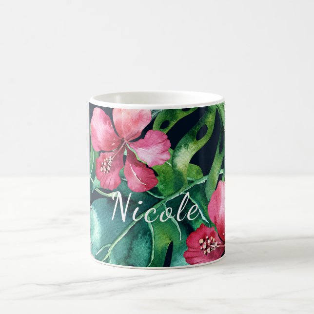Dark Tropical Palm Leaves Hibiscus Floral Island Coffee Mug (Center)