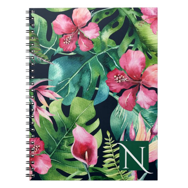 Dark Tropical Palm Leaves Hibiscus Floral Island Notebook (Front)