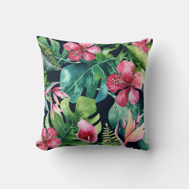 Dark Tropical Palm Leaves Hibiscus Floral Island Throw Pillow (Front)