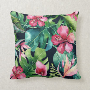 Dark Tropical Palm Leaves Hibiscus Floral Island Throw Pillow