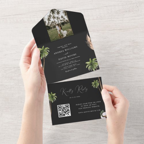 Dark Tropical Palm Tree Photo QR Code RSVP Wedding All In One Invitation