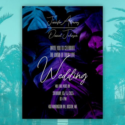 Dark Tropical Wedding Invitation Purple Monstera Invitation