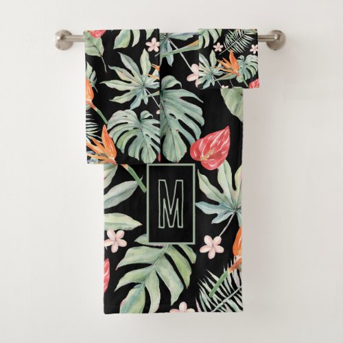 Dark Tropics Flower Foliage Fantasy with Monogram Bath Towel Set