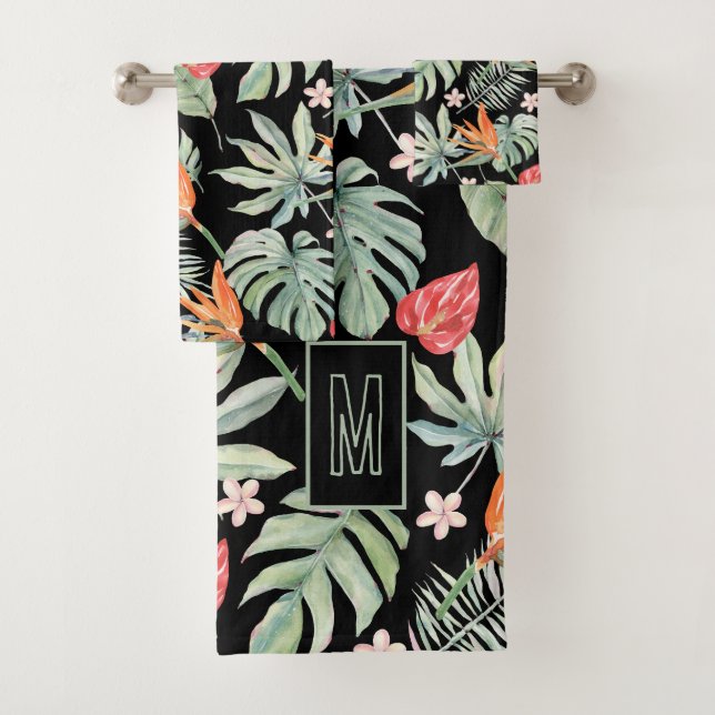 Dark Tropics Flower Foliage Fantasy with Monogram Bath Towel Set (Insitu)