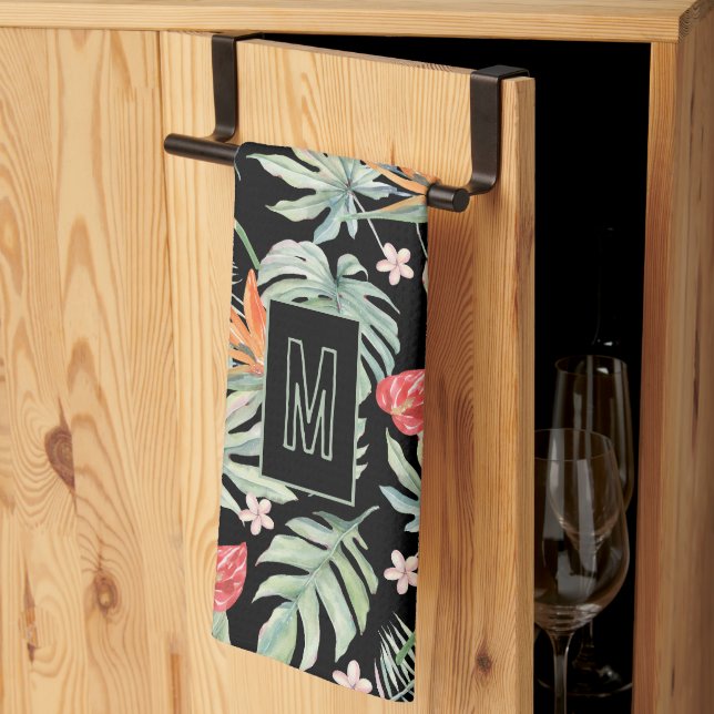 Dark Tropics Flower Foliage Fantasy with Monogram Kitchen Towel (Thirds Fold)