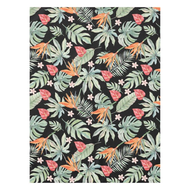 Dark Tropics Flower Foliage Fantasy with Monogram Tablecloth (Front)
