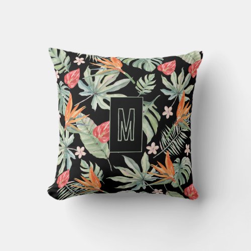 Dark Tropics Flower Foliage Fantasy with Monogram Throw Pillow