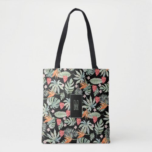 Dark Tropics Flower Foliage Fantasy with Monogram Tote Bag