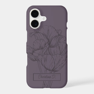 Dark Tulips Line Drawing on Dusty Plum with Name iPhone 17 Case