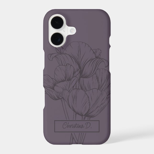 Dark Tulips Line Drawing on Dusty Plum with Name iPhone Case (Back)