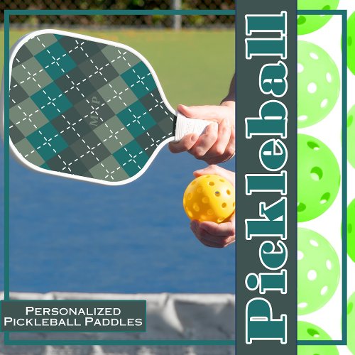 Dark Turquoise and Gray Argyle with White Stitchin Pickleball Paddle