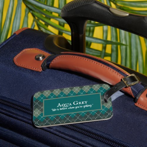 Dark Turquoise and Gray Preppy Argyle Luggage Tag