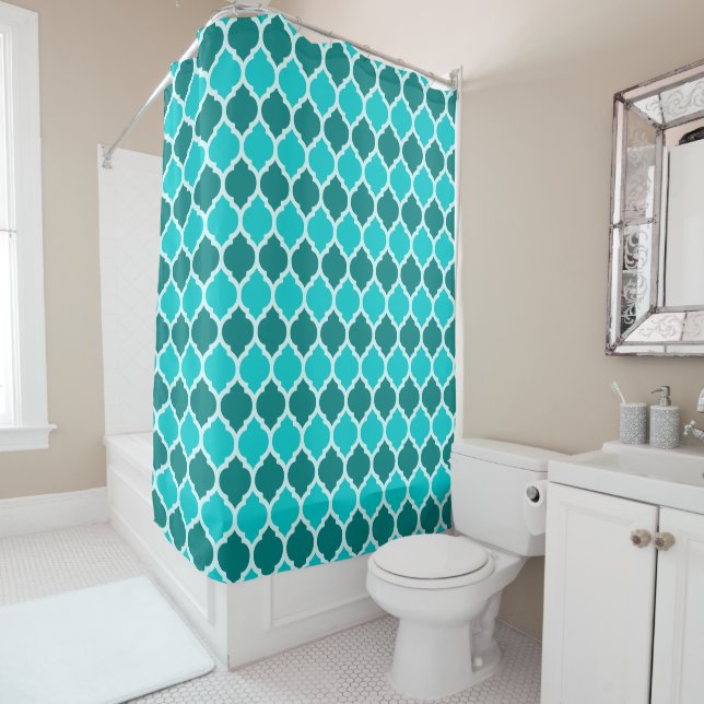 Dark Turquoise and Teal Green Quatrefoil Pattern Shower Curtain (In Situ)