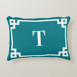 Dark Turquoise and White Greek Key Border Monogram Accent Pillow