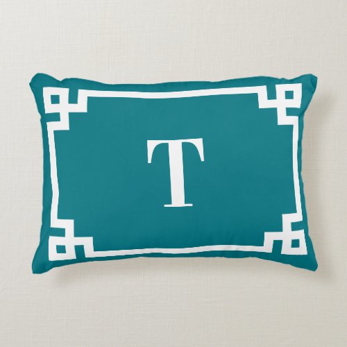 Dark Turquoise and White Greek Key Border Monogram Accent Pillow