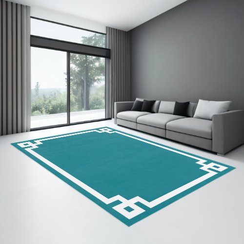 Dark Turquoise and White Greek Key Border Rug