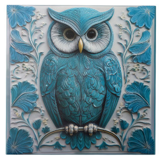 Dark turquoise blue faux relief Art Nouveau Owl Ceramic Tile