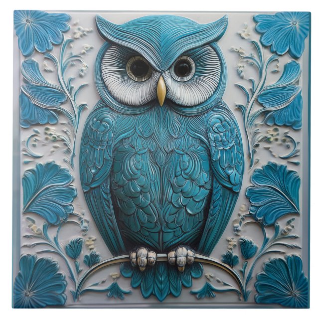 Dark turquoise blue faux relief Art Nouveau Owl Ceramic Tile (Front)
