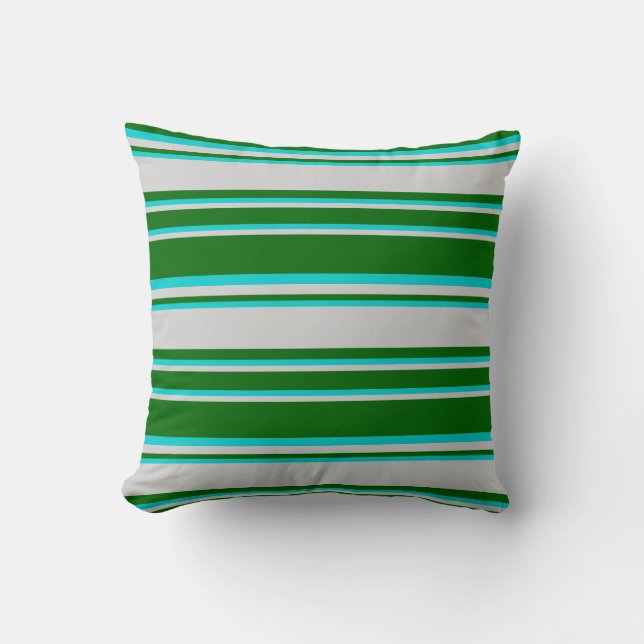 Dark Turquoise, Dark Green & Light Grey Lines Throw Pillow (Front)