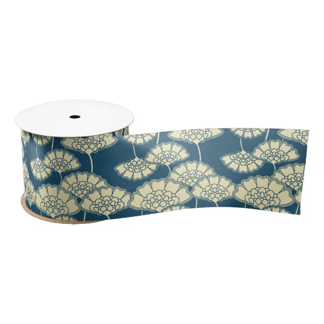 Dark turquoise floral Japanese pattern Satin Ribbon (Spool)