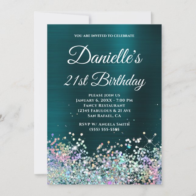 Dark Turquoise Foil Holo Glitter 21st Birthday Invitation (Front)