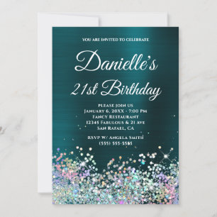 Dark Turquoise Foil Holo Glitter 21st Birthday Invitation