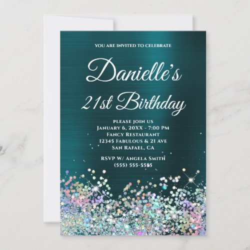 Dark Turquoise Foil Holo Glitter 21st Birthday Invitation