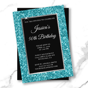Dark Turquoise Glitter Black 50th Birthday Invitation