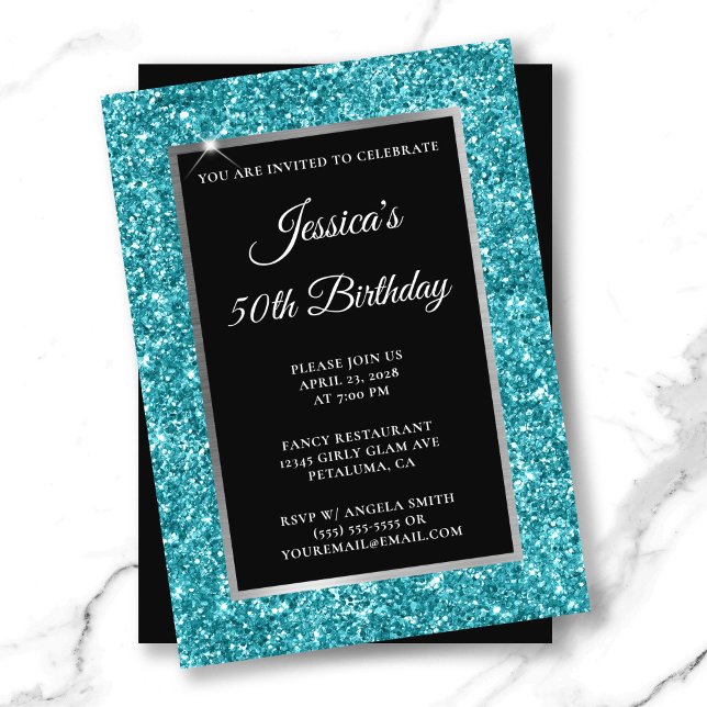 Dark Turquoise Glitter Black 50th Birthday Invitation (Dark Turquoise Glitter Black 50th Birthday Invitation)