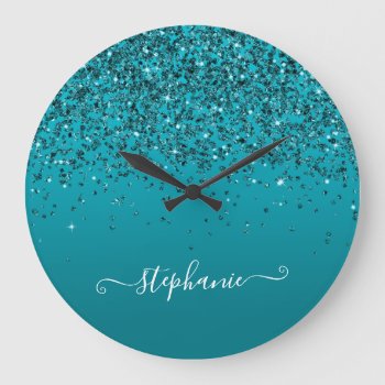 Dark Turquoise Glittery Gradient Girly Calligraphy Large Clock by designs4you at Zazzle
