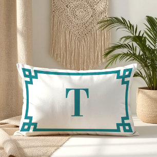 Dark Turquoise Greek Key Border Monogram Lumbar Pillow