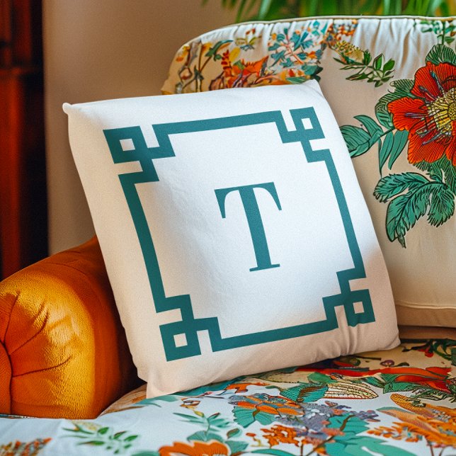 Dark Turquoise Greek Key Border Monogram Throw Pillow (Dark Turquoise Greek Key Border Monogram Throw Pillow)