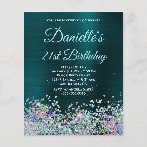 Dark Turquoise Holo Glitter 21st Birthday Flyer