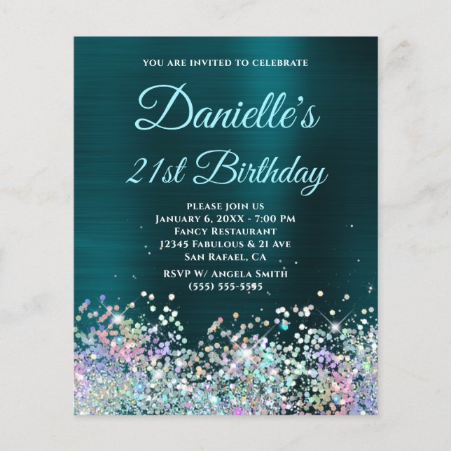 Dark Turquoise Holo Glitter 21st Birthday Invite (Front)