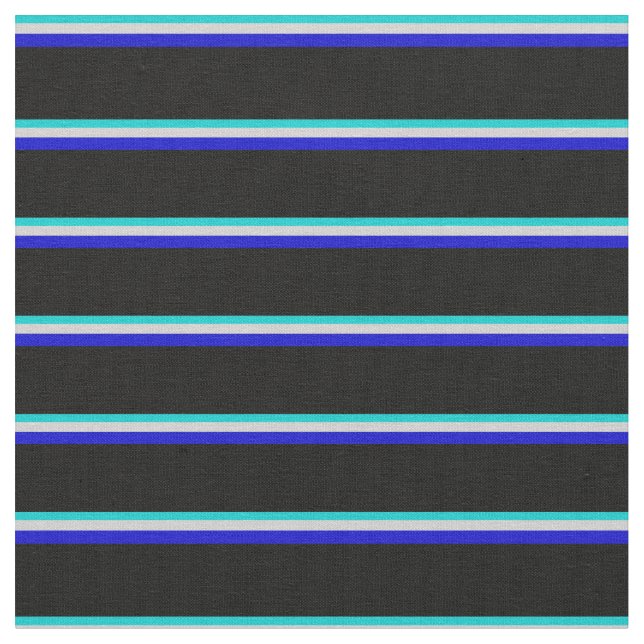 Dark Turquoise, Light Gray, Blue & Black Stripes Fabric (Close Up)