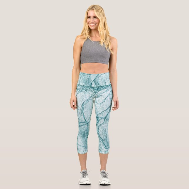 Dark Turquoise Marble Look Capri Leggings (Front)