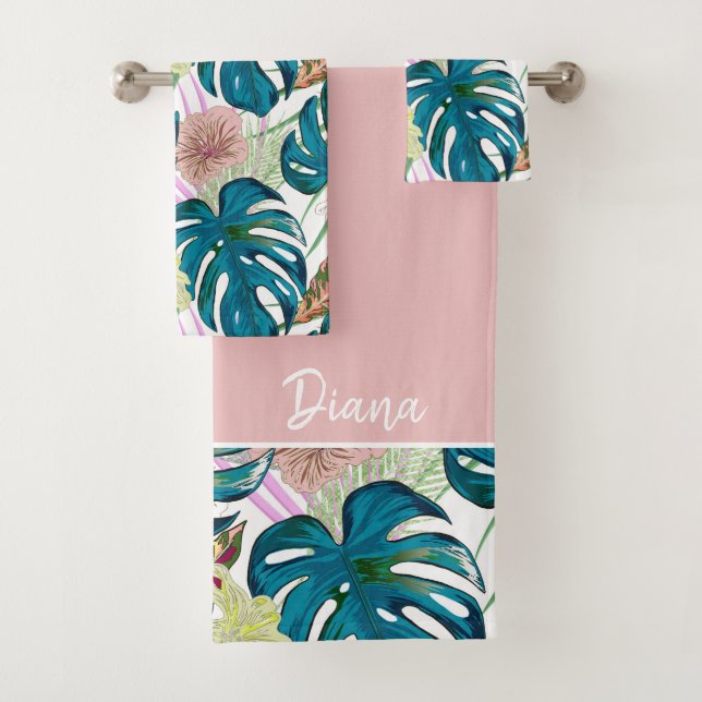 Dark turquoise monstera, delicate peach and yellow bath towel set (Insitu)