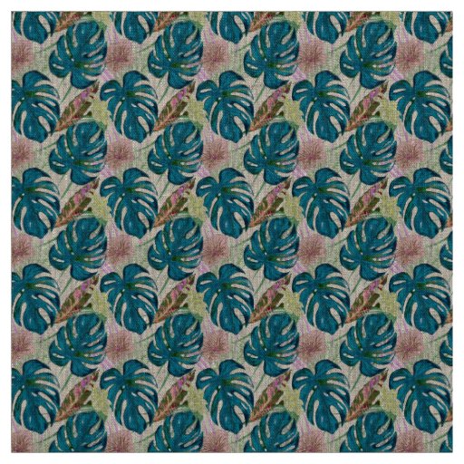 Dark turquoise monstera, delicate peach and yellow fabric