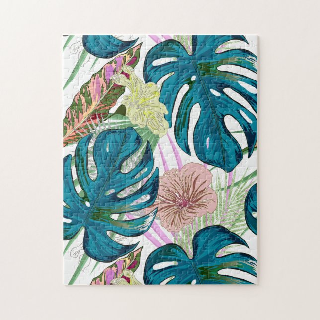 Dark turquoise monstera, delicate peach and yellow jigsaw puzzle (Vertical)