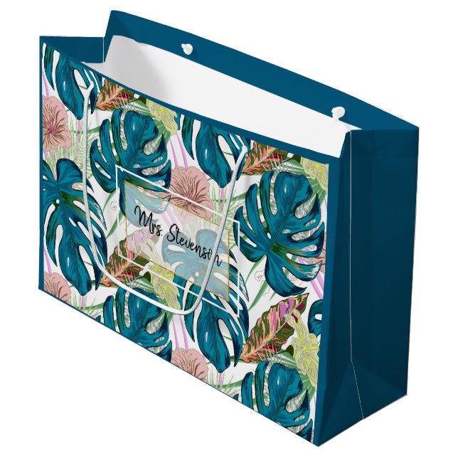 Dark turquoise monstera, delicate peach and yellow large gift bag (Front Angled)