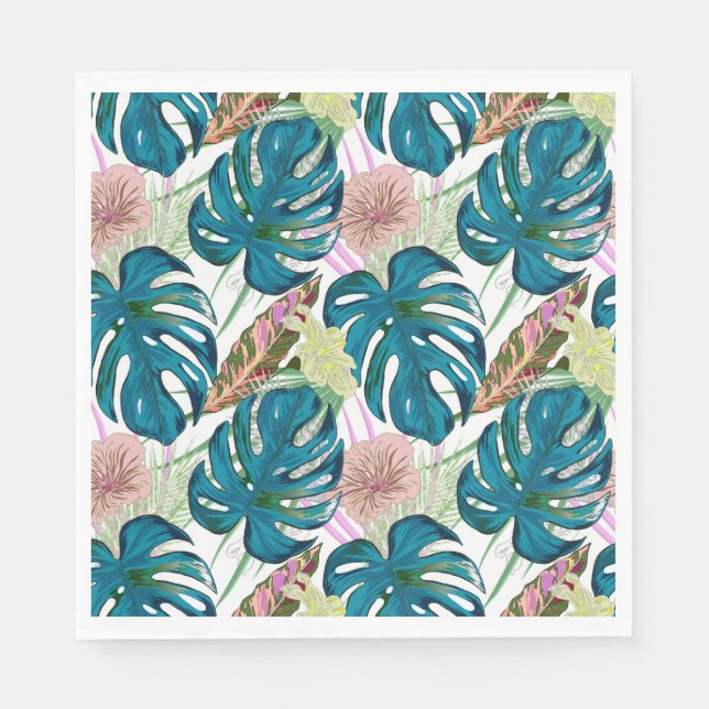Dark turquoise monstera, delicate peach and yellow napkins (Front)