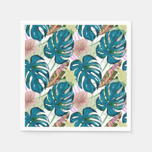 Dark turquoise monstera, delicate peach and yellow napkins
