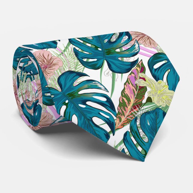 Dark turquoise monstera, delicate peach and yellow neck tie (Rolled)